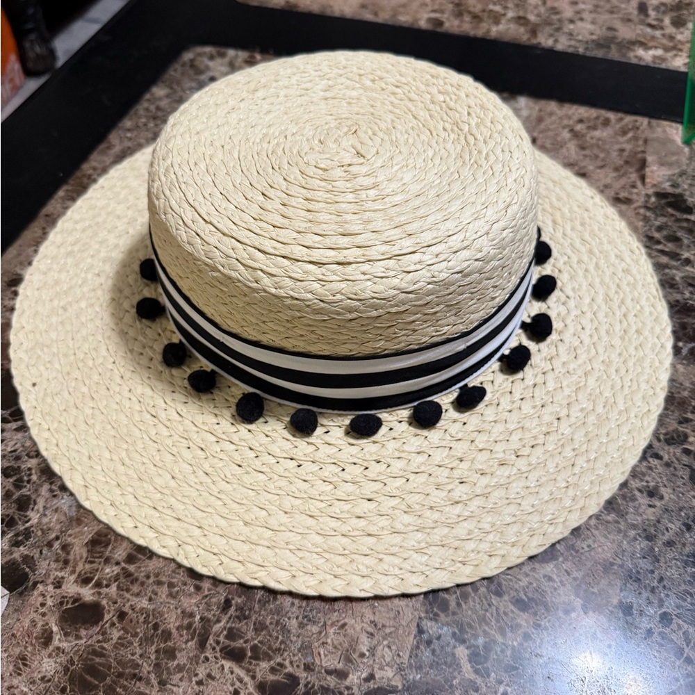 2 Hats - Cream Straw Hat with Black Pom Pom Trim & Blue Straw Hat (Never worn)